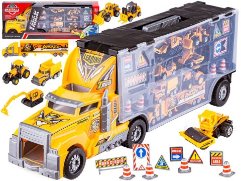 Ciężarówka, Transporter + Auta, Otwierana Laweta, Pojazdy Budowlane 8w1, Światło, Dźwięk